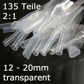 Schrumpfschlauch-Set transparent 12mm - 20mm Durchmesser 135 teilig 10cm lang