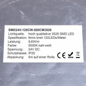 DEMODU&reg; Premium 24V Wei&szlig; 5m Rolle 960 Lumen pro Meter IP20 helle 3528 SMD 120/m LED Streifen selbstklebend dimmbar