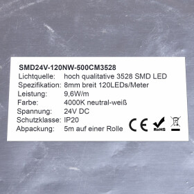 DEMODU® Premium 24V Weiß 5m Rolle 960 Lumen pro Meter IP20 helle 3528 SMD 120/m LED Streifen selbstklebend dimmbar